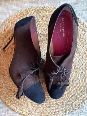 Kate Spade Dark Academia Brown and Black Suede Lace-Up Heels, Made in Italy